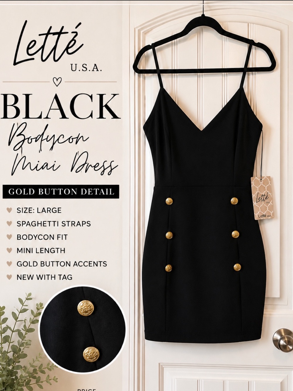 Letté Black Spaghetti-Strap Mini Dress with Gold Buttons